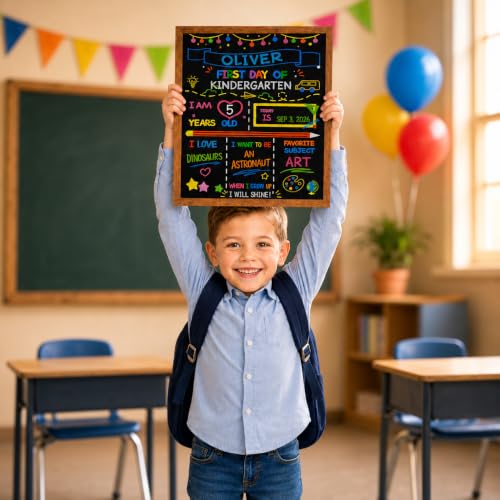 First and Last Day of School Sign Board with Pine Wood Frame & 6 Erasable Color Markers - 10x12 Inch Double Sided Back to School Chalkboard Photo Prop, Reusable Dry Erase Milestone Keepsake — view 6