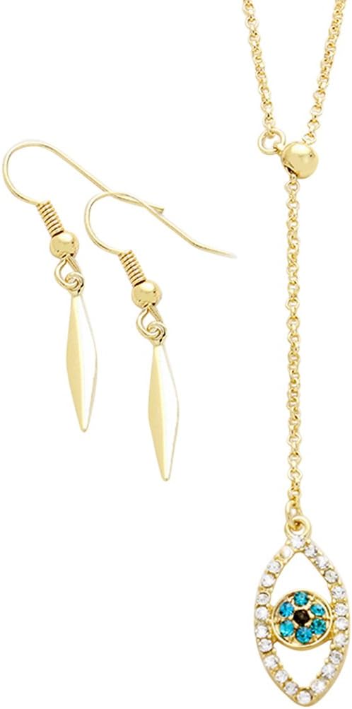 Rosemarie Collections Women's Protective Talisman Evil Eye Pave Crystal Adjustable Slide Y Drop Pendant Necklace Earrings Set, 17"+3" Extension