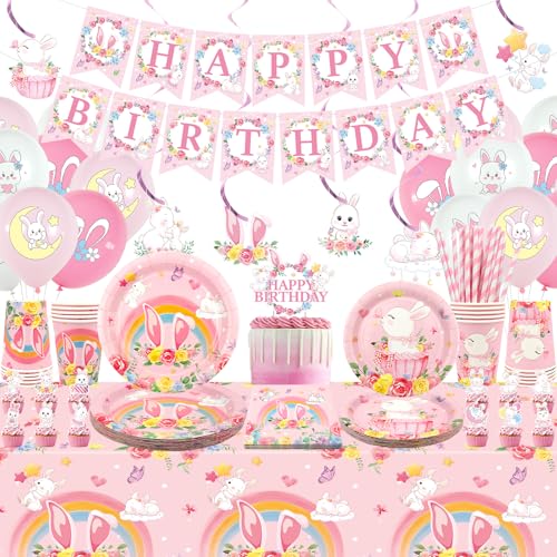 Obussgar Decoraciones De Fiesta De Cumpleaños De Bunny Suministros Para Fiestas De Conejo, Incluyendo Pancartas, Platos, Decoraciones De Pasteles, Vasos, Servilletas, Globos, Manteles, Para 20