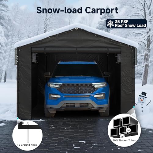 Image of 10x15FT Heavy Duty Metal Carport, Outdoor Carport Canopy with Galvanized Steel Roof and Reinforced Base,Removable Sidewalls & Door, Garage Shelter Shade for Cars,Trucks, Boats, Gray