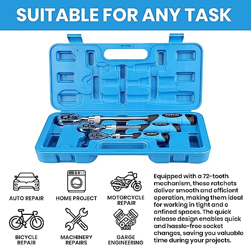 Yotoo 3-Piece Extendable Ratchet Set - 72-Tooth, Quick-Release, Reversible Drive Socket Wrenches - Sizes: 1/4, 3/8, 1/2 Inch #TOP6