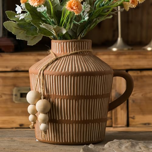 Rustic-Farmhouse-Vase-with-Handle-and-Boho-Wooden-Beads-Vertical-Stripes-Terracotta-Vase-Clay-Vase-Ceramic-Flower-Vase-for-Vintage-Home-Decor-Shelf-Table-Bookshelf-Mantle-Entryway Rustic Farmhouse Vase with Handle and Boho Wooden Beads Vertical Stripes Terracotta Vase Clay Vase Ceramic Flower Vase for Vintage Home Decor Shelf Table Bookshelf Mantle Entryway