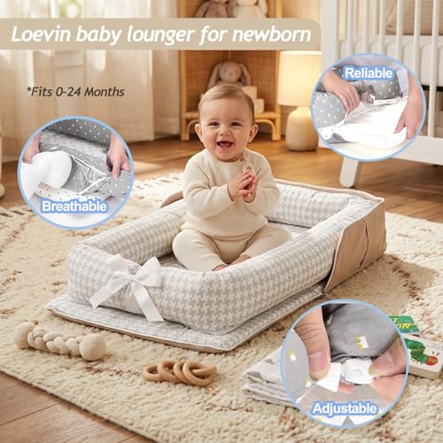 Image of Baby Lounger for Newborn Portable Bag,Baby Nest Play Gym mat with Strap,Newborn Lounger Adjustable Size & Inner Zipper Lengthen Space to 24 Months(Gray Thousand Bird Check)