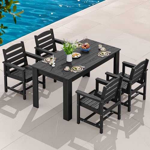 Image of SERWALL 59 inch HDPE Outdoor Dining Set for 4, w / 1 Table & 4 Armchairs, Black | All Weather Resistant HDPE Dining Sets for Patio, Garden, Backyard