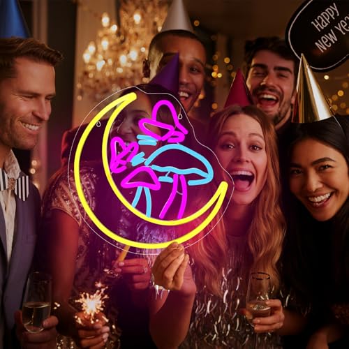 Image of Moon Mushroom Neon Sign Dimmable,Cute Neon Lights for Wall Decor USB Powered,Mushroom LED Light Signs for Bedroom Game Room Living Room Bar Party Birthday Gift (11.8 inchx12 inch)