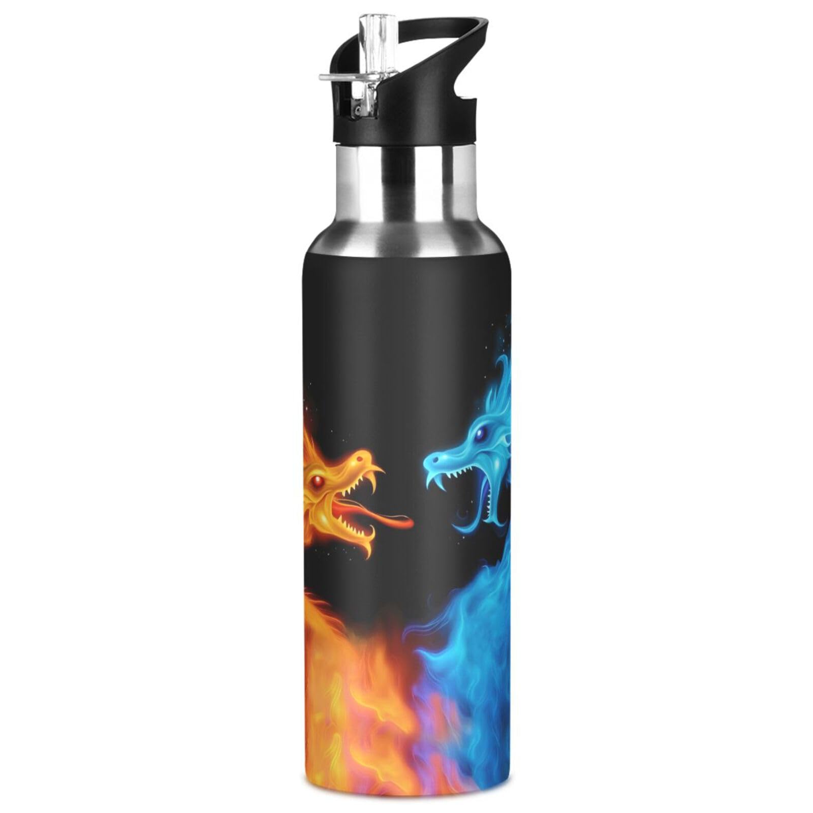 Dragon Trinkflasche für Kinder, Feuerdrachen-Flasche mit Strohhalm-Deckel für Jungen, auslaufsicher, isoliert, Edelstahl-Wasserflasche, Schulflasche, 590 ml