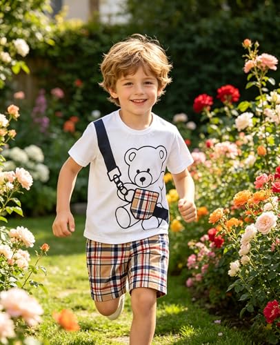 Image of KIDLAGA Kids Toddler Boy Clothes Outfits Bear Print Tee + Plaid Shorts 2 Pieces Summer Shorts Set