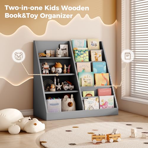 Image of Tatub 6 Tier Kids Wooden Bookshelf and Toy Storage, Children Toy Organizer with Book Shelves, Toddler BookRack Baby Bookcase for Nursery, Playroom and Classroom, Gray