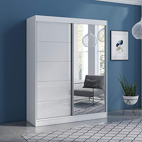Aria 2 Door 59" Wide Modern High Gloss Wardrobe Armoire, White with Mirror