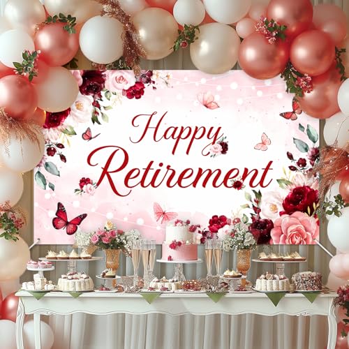 Avezano Happy Retirement Banner for Women Burgundy Floral Retirement Party Decorations Backdrop Red Flowers Lady Retire Party Decorations Banner (6x3.6ft) by Avezano - Used condition - Image 2