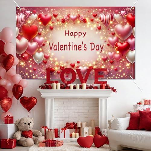 BlissYard Valentine’s Day Banner 71x43 Inches Happy Valentine Backdrop Love Heart Balloon Background Romantic Party Decoration for Valentine Celebration Anniversary Proposal Photo Booth Decor by BlissYard - Image 2