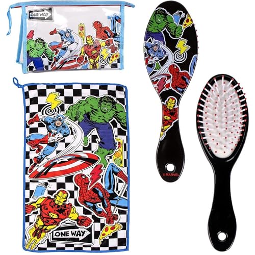 Neceser Aseo Viaje Accesorios Avengers con Peine, Toalla y Bolsa de Avengers - Neceser Aseo Avengers para Viaje o Escuela