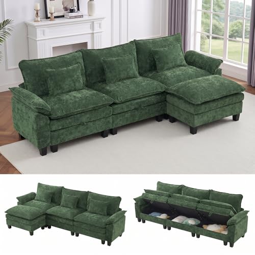 Image of IPKIG 117 inch Modular Cloud Couch with Storage, L Shaped Sectional Sofa with Ottoman & Pillow, Chenille Deep Seat Sectional Couches for Living Room, Apartment, Green