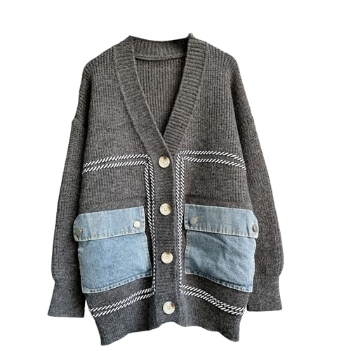 Image of FindThy Women's Casual Button Up Cardigan Oversized Long Sleeve Jean Patchwork Sweater Cardigans