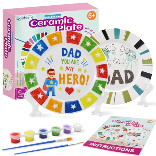 goldentime Ceramic Plate Painting kit for Kids and Adults Including 2 Ceramic Plates to Paint, with 12 Paints, 2 Brushes and 2 Stands - Perfect as DIY Home décor or Gifts for Bithday Christmas