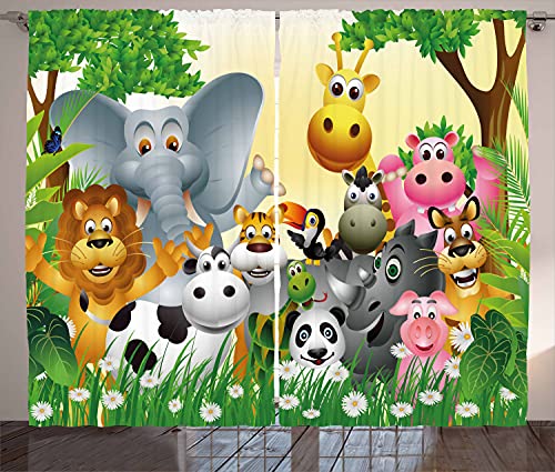 Ambesonne Animal Curtains, Animals in Jungle Giraffe Panda Bear Pig Lion Hippo Animation Cartoon Art, Living Room Bedroom Window Drapes 2 Panel Set, 108