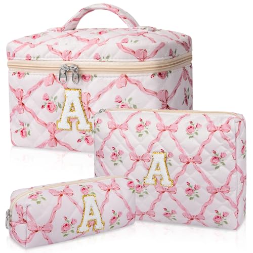 Makeup Bag, Personalized Initial Make up Bag Set, Large Quilted C...