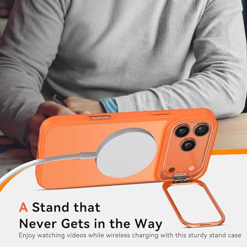 Image of Elzzi Translucent Matte Kickstand Case for iPhone 17 Pro Max, Built-in Adjustable Camera Stand, Translucent Matte Magnetic Mag-Safe Shockproof Phone Cover (Orange)