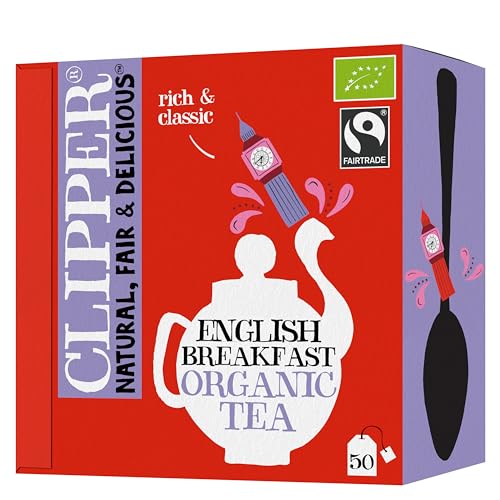 Clipper Organic English Breakfast | Box of 50 Envelop String & Tag Teabags | Organic | Eco-Conscious, Fair Trade Tea | Natural, Unbleached, Plant-Based, Compostable & Biodegradable Tea Bag