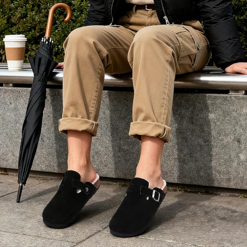 Image of KIDMI Women's Fur Lined Genuine Suede Clogs Fuzzy Cork Footbed Potato Shoes | Adjustable Metal Buckle, Non-slip Rubber Soles, Cushioning, Cozy and Warm, Supportive, Indoor, Outdoor, Winter, Casual