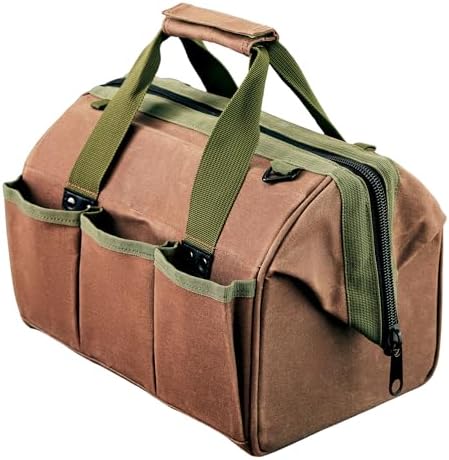 Waxed Canvas Tool Bag - 11.75” Heavy Duty Canvas Tote Bag Garden Caddy for Gardening Supplies or Tools with Wide Mouth 3 Interior and 3 Exterior Pockets - Gardening Gifts Men by Kings County Tools - Thumbnail 2