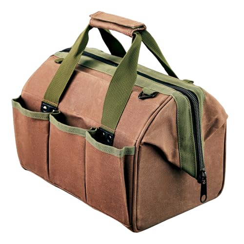 Waxed Canvas Tool Bag -11.75” Heavy Duty Canvas Tote Bag Garden Caddy for Gardening Supplies or Tools with Wide Mouth 3 Interior and 3 Exterior Pockets - Gardening Gifts Men by Kings County Tools
