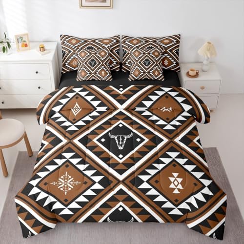 Erosebridal Rustic Western 7 Pcs Comforter Set Queen for Men,Southwestern Aztec Bedding Bohemian Quilt Ethnic Horns Bull Skull Farmhouse Bedroom Decor Brown Geometric Diamond Sheet Set Bed in A Bag