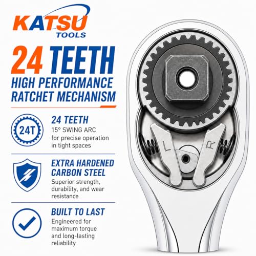 Image of KATSU 3 /8 Inch Socket Set 12Pcs, 10-24mm Metric Drive with 24-Teeth Quick-Released Ratchet Wrench and 6 inch Extension Bar, High Grade Chrome Vanadium Steel, Auto Repairing Garage Tool 420341