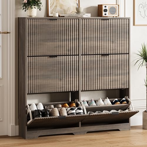 Image of HUANLEGO Shoe Cabinet Storage for Entryway with 6 Flip Drawers, Grey Fluted Shoe Cabinet with Adjustable Shelves, Wooden Hidden Shoe Rack Freestanding Narrow Slim Shoes Storage for Hallway, Entrance
