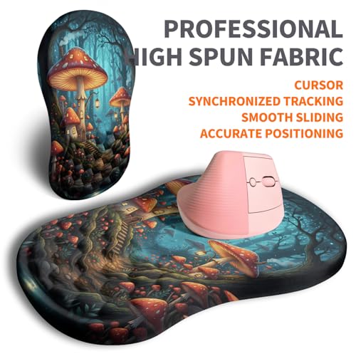 Image of Ergonomic Joint Wrist Support Mouse Pad with Memory Foam Cushion Massage Bump, Carpal Tunnel Pain Relief Mousepad Slope Design for Wrist Rest, 11.8x7.9 in, Mushroom
