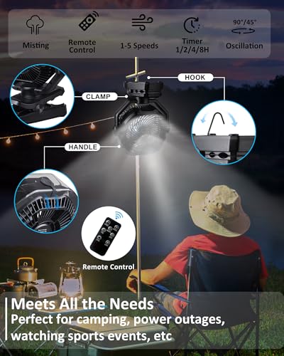 Image of Portable Rechargeable Misting Fan with 12oz Mist, Battery Life Display, Remote, Timer, Light, 5 Speeds, 9-Inch, 20000mAh 120H Battery Powered Clip Fan for Stroller, Travel, Outdoor, Poweroutage
