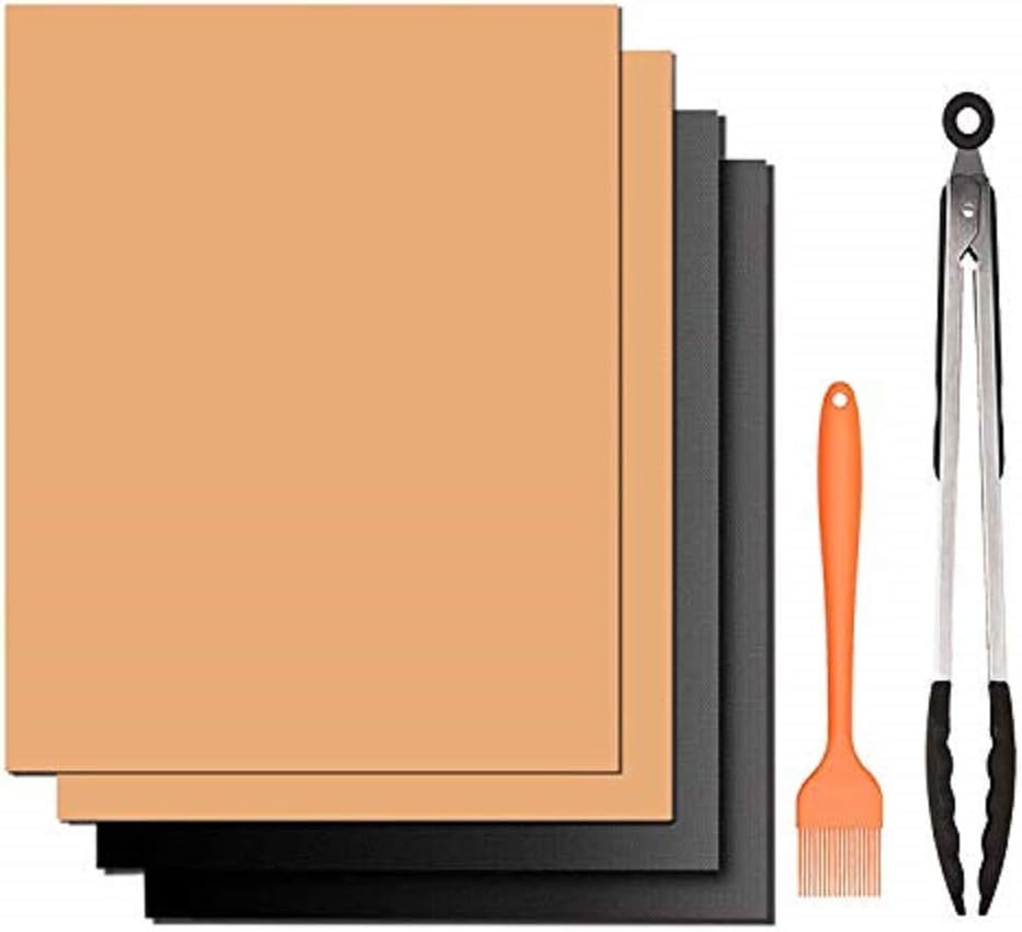 AUERVO BBQ Grill Mat Set of 6, Oven Cooker Liner Teflon Barbecue Baking Mats for Electric Grill Heat Resistant, Reusable and Easy to Clean，Free BBQ Tongs and Silicone Brush