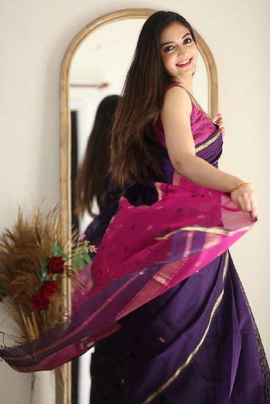 Image of Flosive inchRoyal Purple Banarasi Cotton Blend Saree for Women with Rich Zari Border and Traditional Floral Weaving Design inch