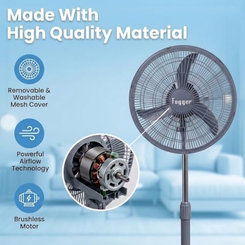 Image of Fogger Electric Pedestal Stand Fan, Blue, Silent Operation, High Air Delivery, 2 Year Warranty