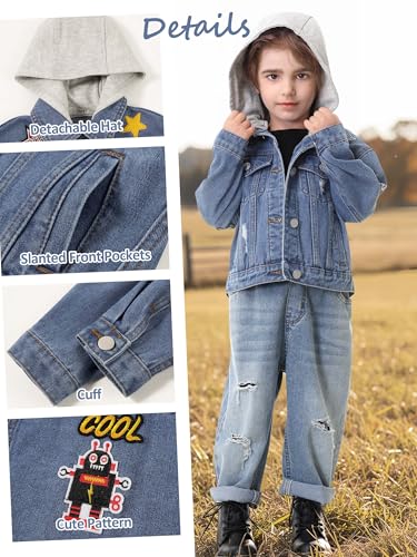 Image of Volunboy Toddler Hooded Denim Jackets Boys Spring Fall Ripped Jean Coat with Hood Long Sleeve Button Down Casual Outerwear