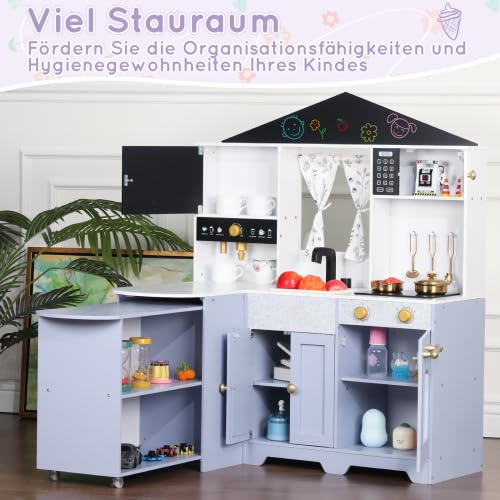 Kinder-Spielküche aus Holz in Hausform Rosa mit Kaffeemaschine, Backofen, Herd und Spüle, Komplettzubehör für Kinder ab 3 Jahren