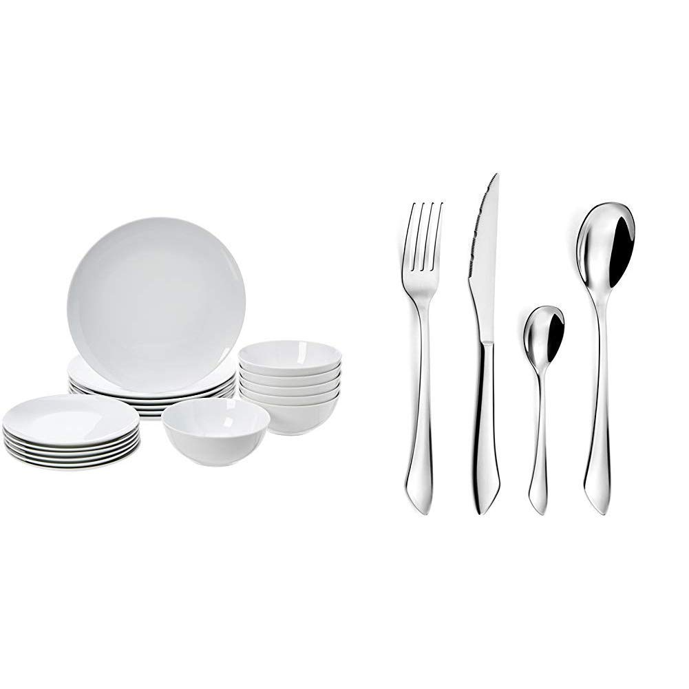 Amazon Basics Service de table 18 pièces - Porcelaine blanche coupée, pour 6 personnes & Amefa Instinct Ménagère 24 pièces - Coffret 6 personnes, Acier inoxydable, Finition brillante, 13,7x7x26,5cm