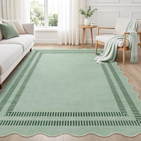 LORWER Scalloped Rug 5x7, Green Rugs for Living Room Ultra-Thin, Washable Area Rug Soft Rugs Non-Slip Throw Carpet for Bedroom ‎Dining Room Playroom Cover