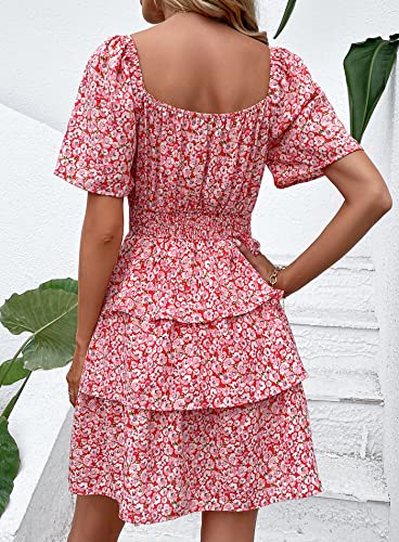 Image of PRETTYGARDEN Women's Summer Floral Ruffle Short Dress | Short Sleeve Square Neck, Flowy Tiered Hem, Fit and Flare, Flower Boho Dresses, Cute Beach Vacation Outfits, Fashion Clothing