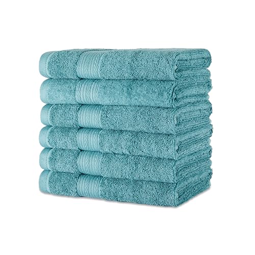 Amazon Basics Fade-Resistant 100% Cotton Hand Towel, 6 Pack, 16″x26″, Teal Green