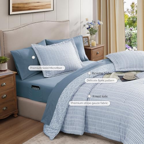Queen Comforter Set - 7 Pieces Blue Gauze Muslin Bedding Sets for All Seasons, Lightweight Breathable Bed in a Bag Queen with Revesible Farmhouse Comforter, Sheets, Pillowcases & Shams