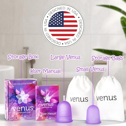Image of Venus Menstrual Cup Kit (Set of 2) - Higher Capacity (+30%) - Unique U-Shape Design for Heavier Flow Days - Get 12 Hours Leak-Free Protection - 100% Medical Grade Silicone Period Cups | Small+Large