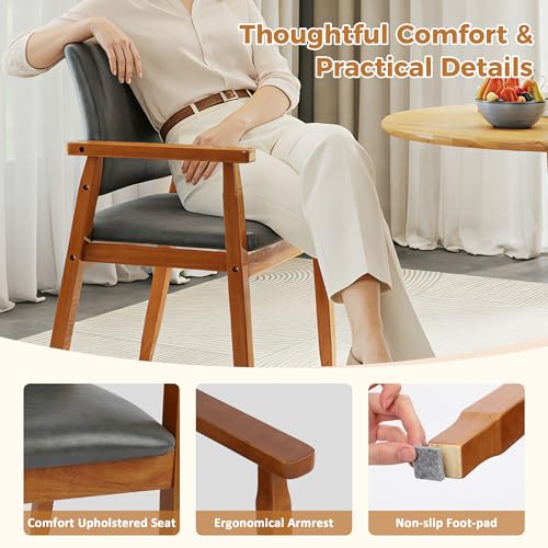 Image of NOBPEINT Mid-Century Modern Dining Chairs with Armrest Set of 4, PU Leather Upholstered Dining Room Chairs with Solid Wood Frame, Walnut Kitchen Armchairs for Kitchen Living Room Restaurant, Grey