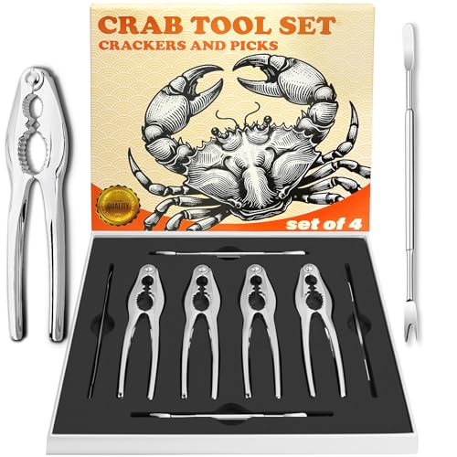 LA NOVO Crab Crackers and Tools, Set of 4 Stainless Steel Lobster Picks, Crab Leg Cracker, Seafood Tool Kit with Gift Box