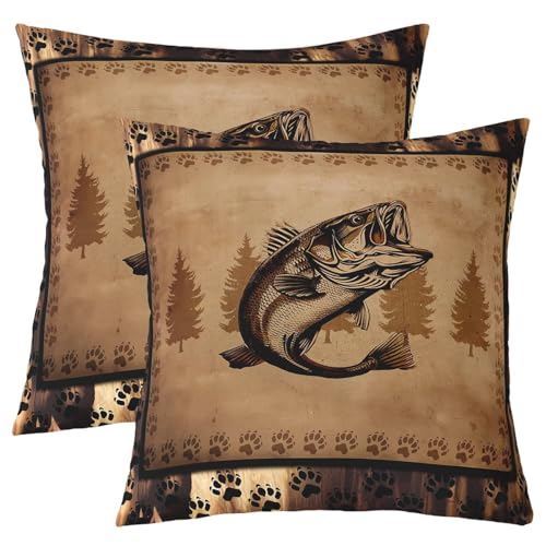 Feelyou Fish Throw Pillow Covers 18'x18' Set of 2 Fish Hunting Decorative Throw Pillowcase Room Bass Big Fish Pillow Case Cushion Cover Farmhouse Rustic Cabin Country Bear Foot Prints Cushion Case