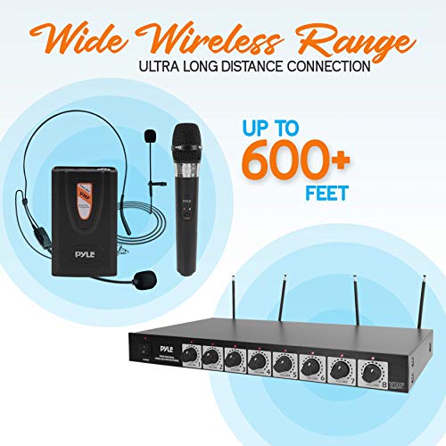 Pyle 8 Channel Wireless Microphone System - Professional VHF Audio Mic Set with 1/4", XLR Jack - 4 Headset, 4 Clip Lavalier, 4 Handheld Mic, 4 Transmitter, Receiver - for Karaoke PA, DJ PDWM8700