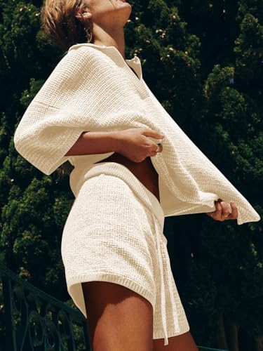 Image of Tankaneo Womens Sweater Set 2 Piece Outfits Oversized 3 /4 Sleeve V Neck Knit Tops High Waisted Shorts Lounge Sets