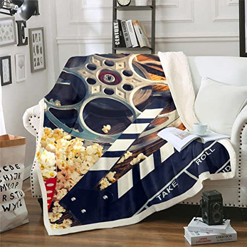 Movie Theater Theme Throw Blanket Vintage Film Clapper Theme Fleece Blanket For Kids Child Boys Girls,Filmstrip Printed Blanket Retro Cinema Fuzzy Blanket 40"X50",Cinema Scenes Movie Theater Decor #TOP11