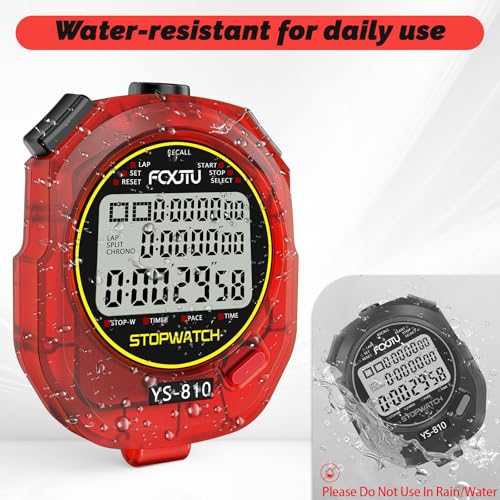 Image of Sports Stopwatch Timer, 10 Lap /Split Memory Digital Stopwatch Countdown Timer with 12 /24 Hour Clock Alarm On /Off, Calendar 3-Row Extra Large Screen Lanyard for P.E Coach and Referees (Red)