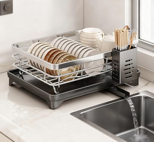 ステンレス製食器乾燥ラック, 2段式, カトラリー立て付き, グレー, 41×29×23cm (単層)